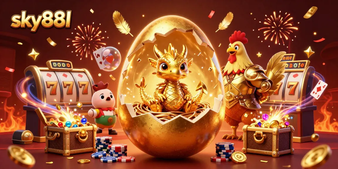 Win big at sky88l with this vibrant 3D illustration showcasing golden elements and casino excitement.
