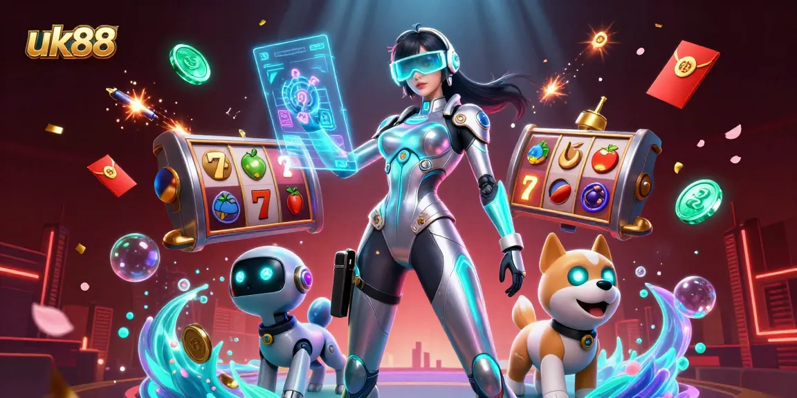 Experience the thrill at uk88 with a futuristic woman and her robot dog in a vibrant casino atmosphere.