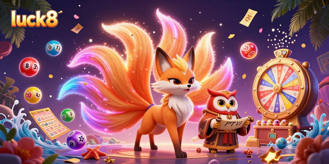 Engage with luck8's vibrant gaming world featuring a colorful fox spirit, owl sage, and dynamic lottery elements.