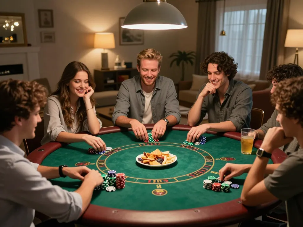Engaging home game night showcasing friends playing poker, emphasizing game bài đổi thưởng uy tín and social interaction.