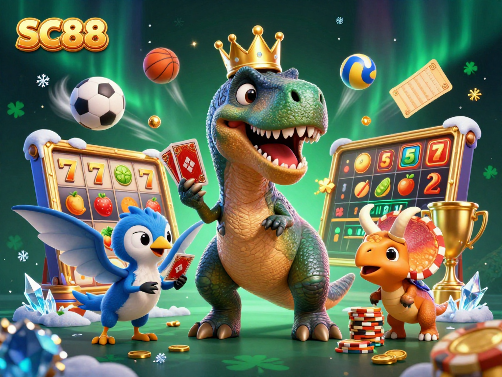 Engage with SC88 as a cartoon T-Rex shuffles cards while a pterodactyl assists, all amidst colorful slot game elements.