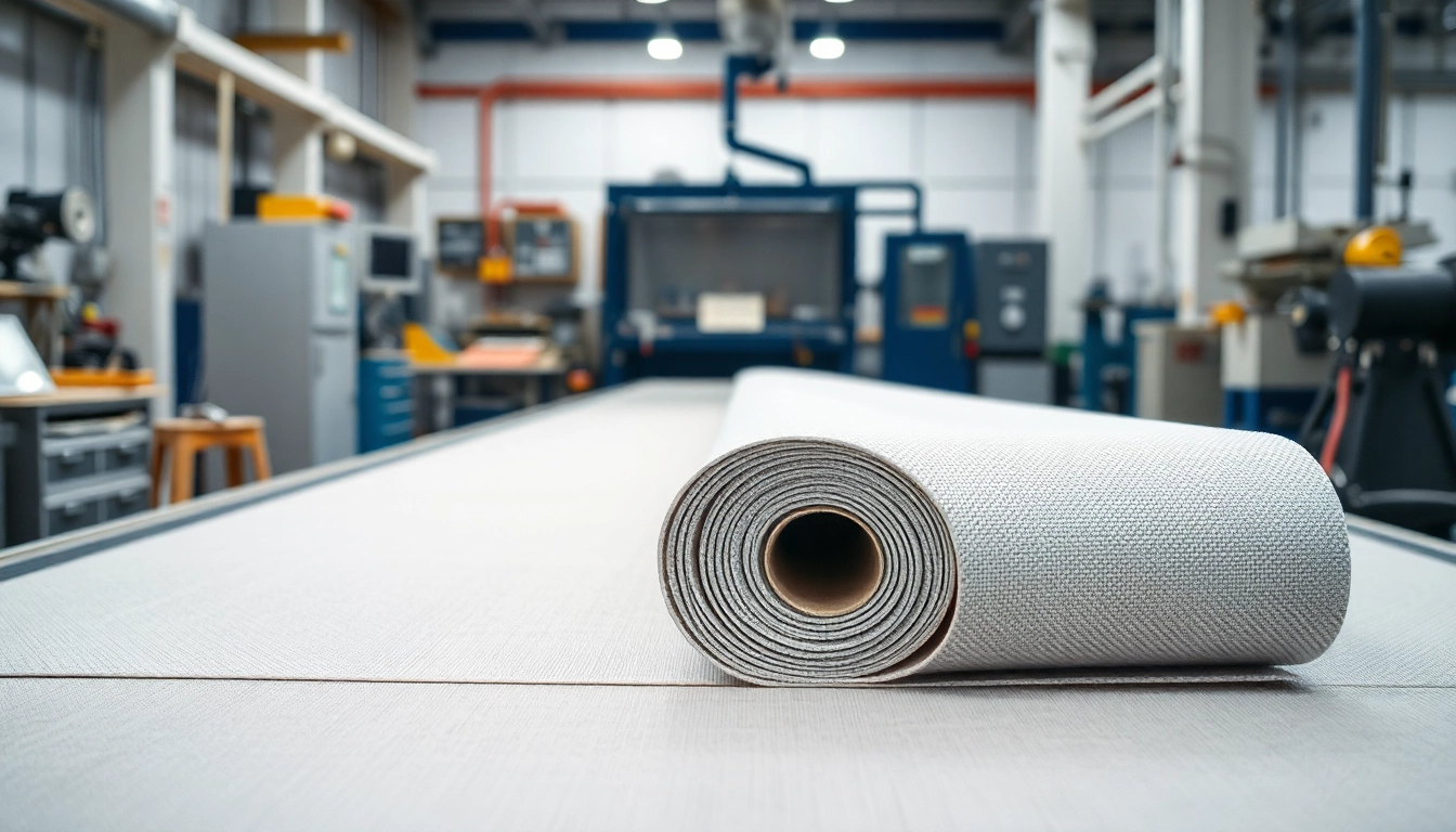 Showcasing CSM fiberglass mat roll on a clean industrial workspace with tools for fiberglass application.