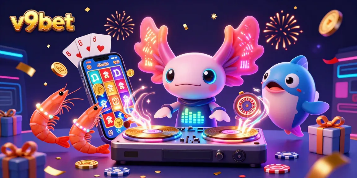 Experience the excitement at v9bet with a dynamic casino scene featuring a neon-colored DJ and vibrant game elements.
