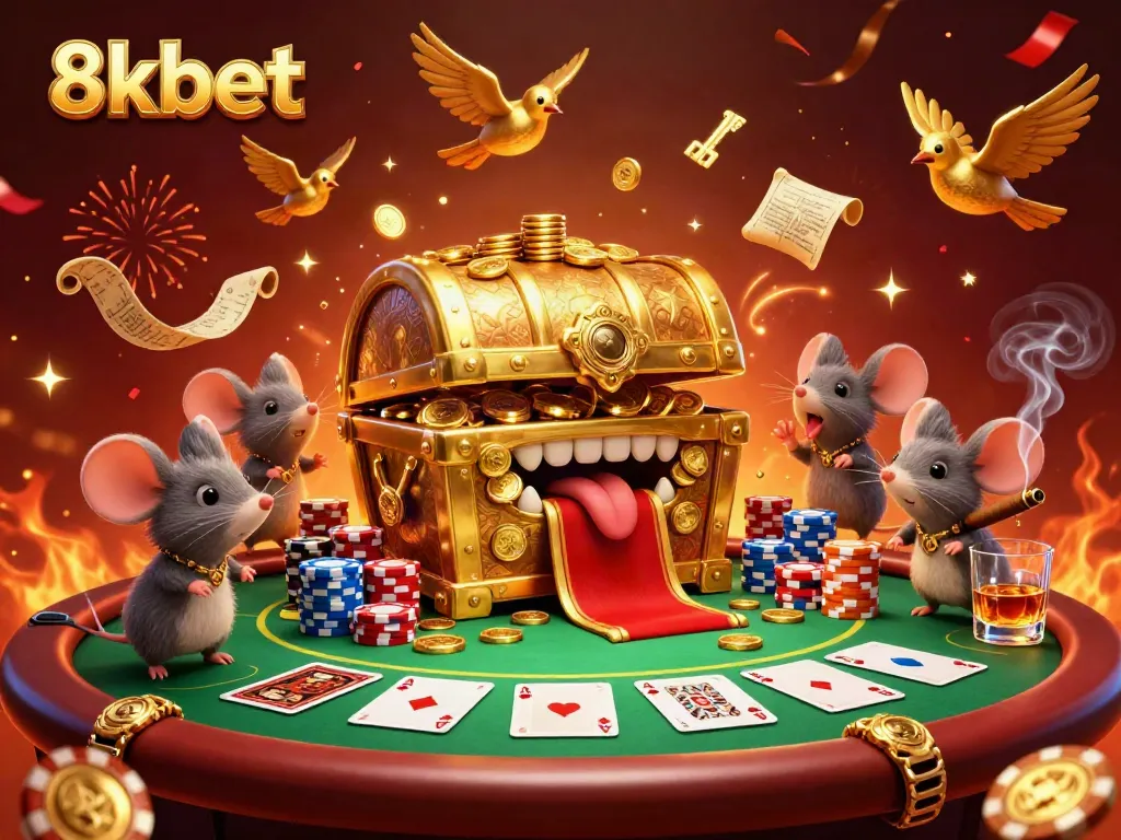 8xbet reveals a treasure chest luring adventurer mice amidst poker excitement and winnings.