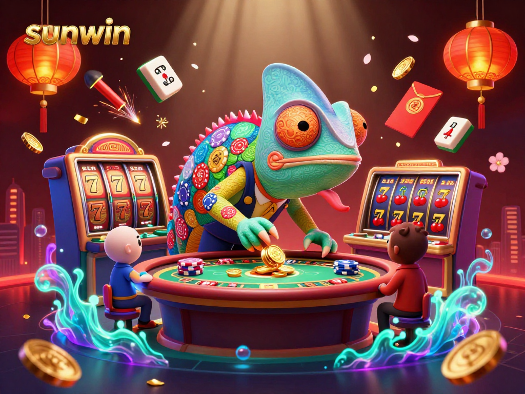 Engage with sunwin casino fun in this vibrant 3D chameleon illustration showcasing rich gaming elements.