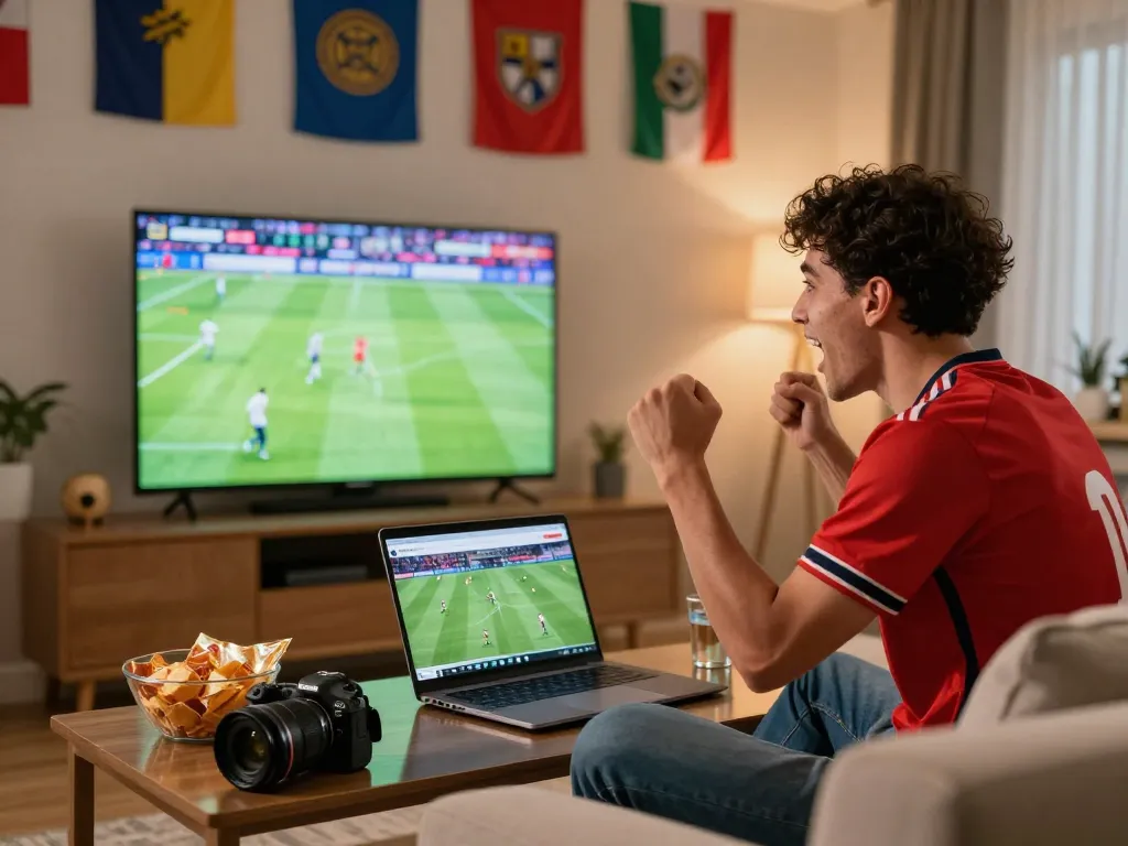 Excited fan watching Okwintv live soccer match at home with snacks.