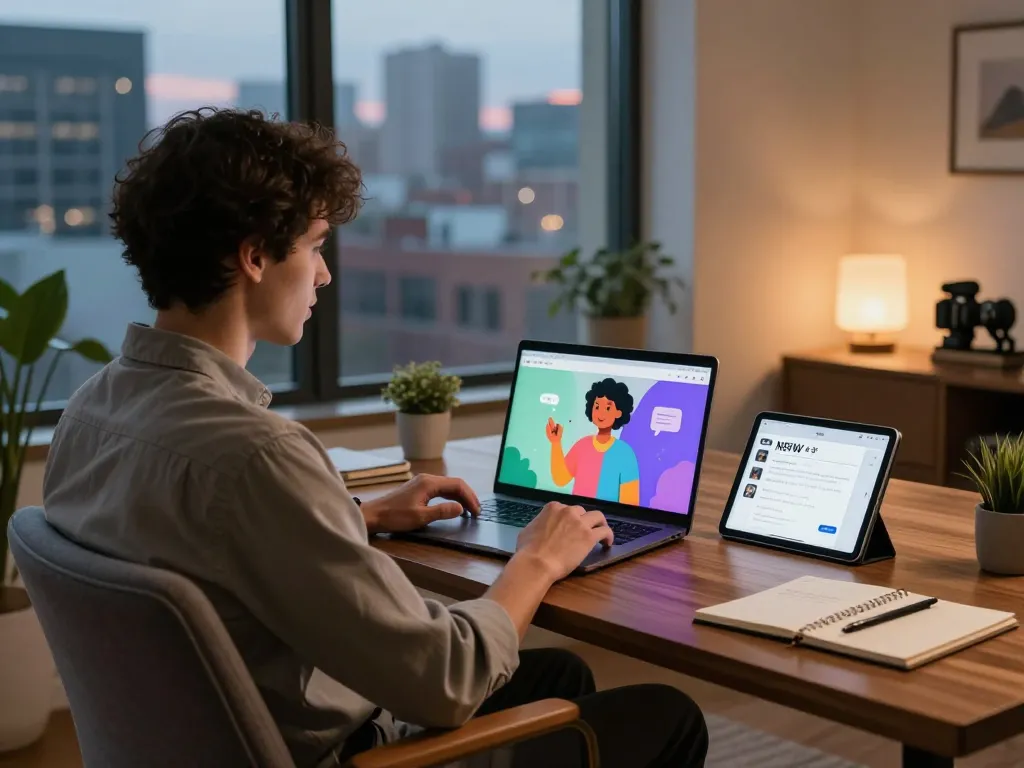 Interactive nsfw chat ai conversation in contemporary home office with casual ambiance.