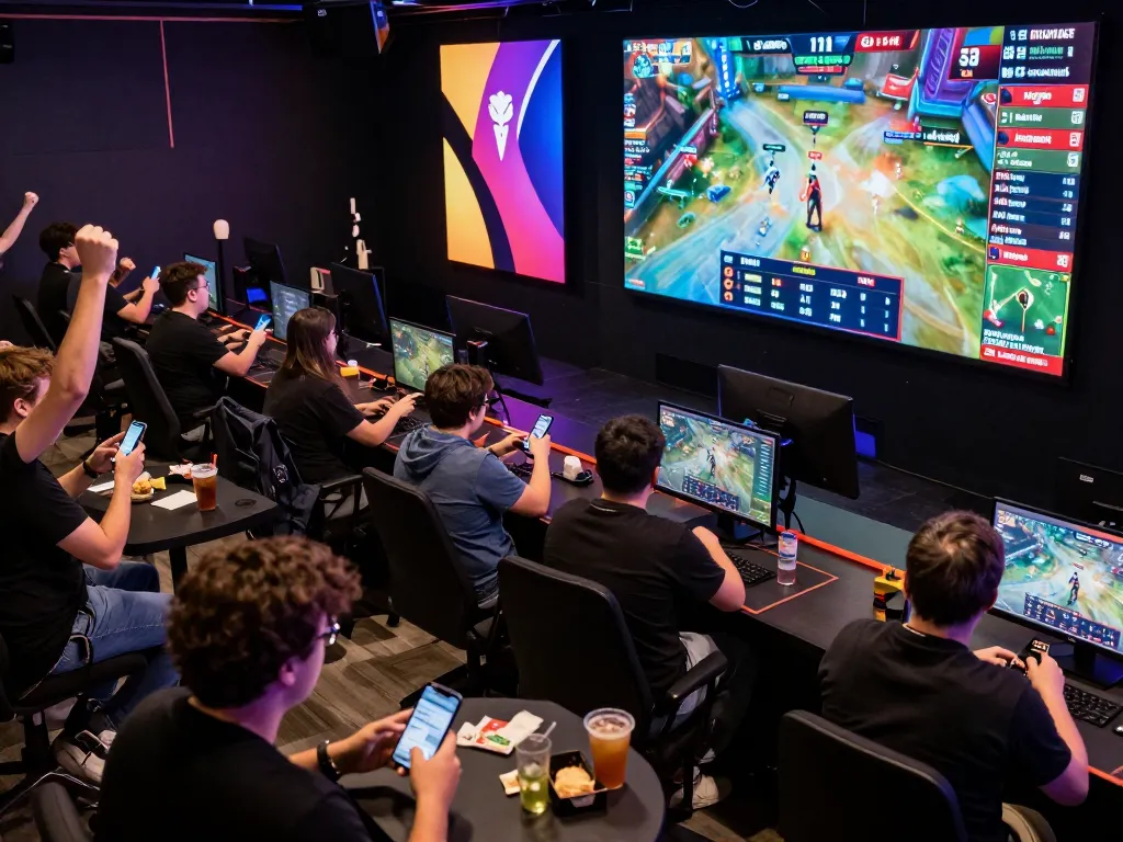 TR88 esports betting excitement shown with active spectators cheering and mobile devices in use