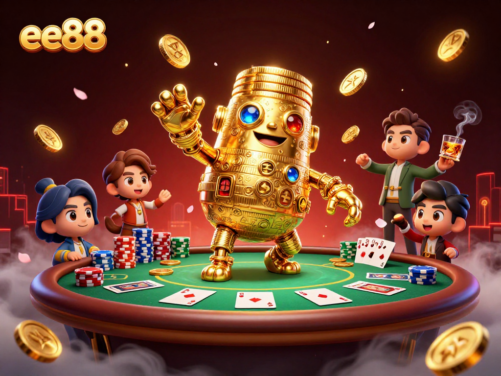Experience the excitement of ee88 with a dynamic scene featuring golden gaming elements and poker details.