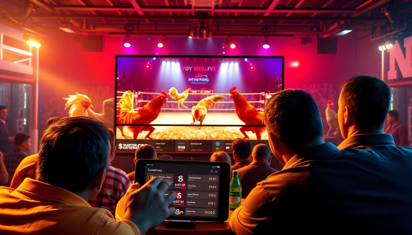 Dynamic scene of live cockfighting streamed at sv368win.live, showcasing vibrant colors and engaging betting interfaces.