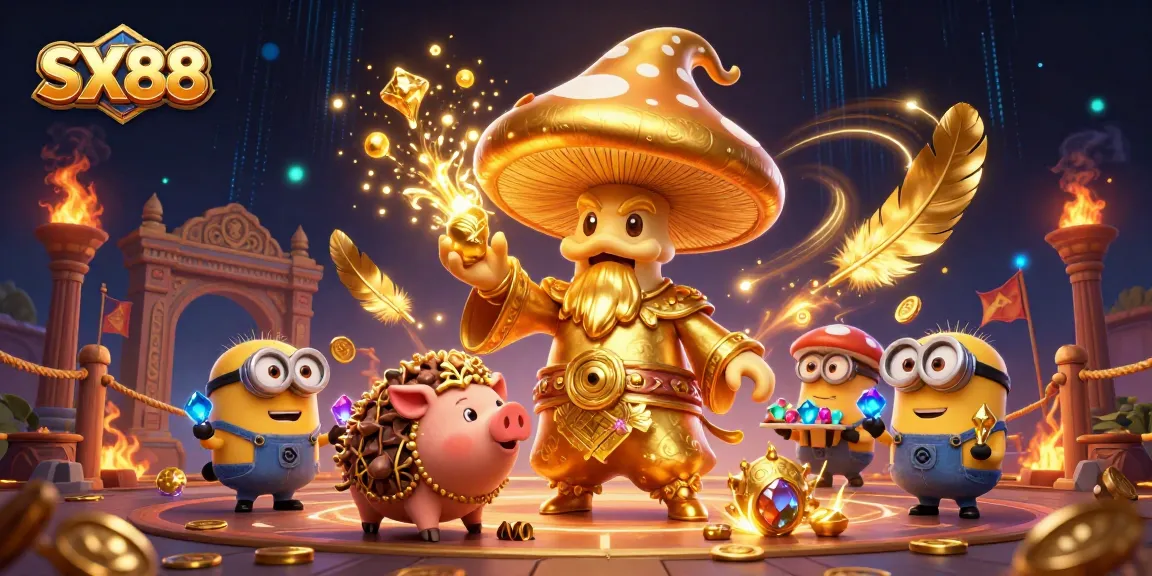 SX88 players win golden treasures with a wizard and friends in an electrifying casino scene