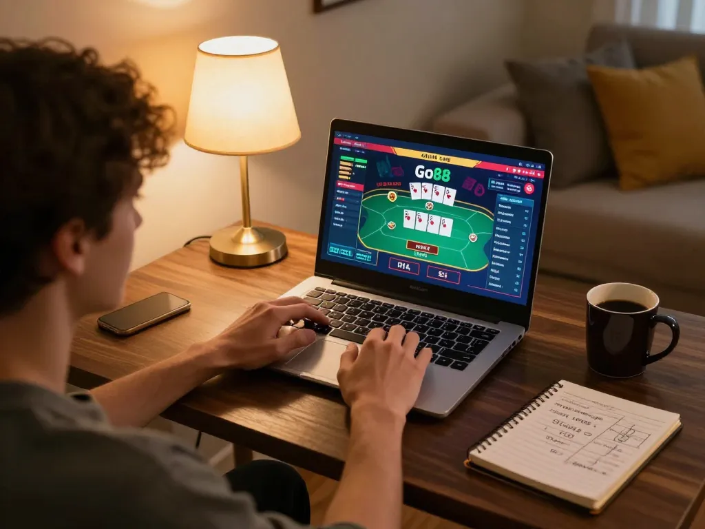 Go88 online casino gaming setup featuring a player engaged in a poker game on their laptop.