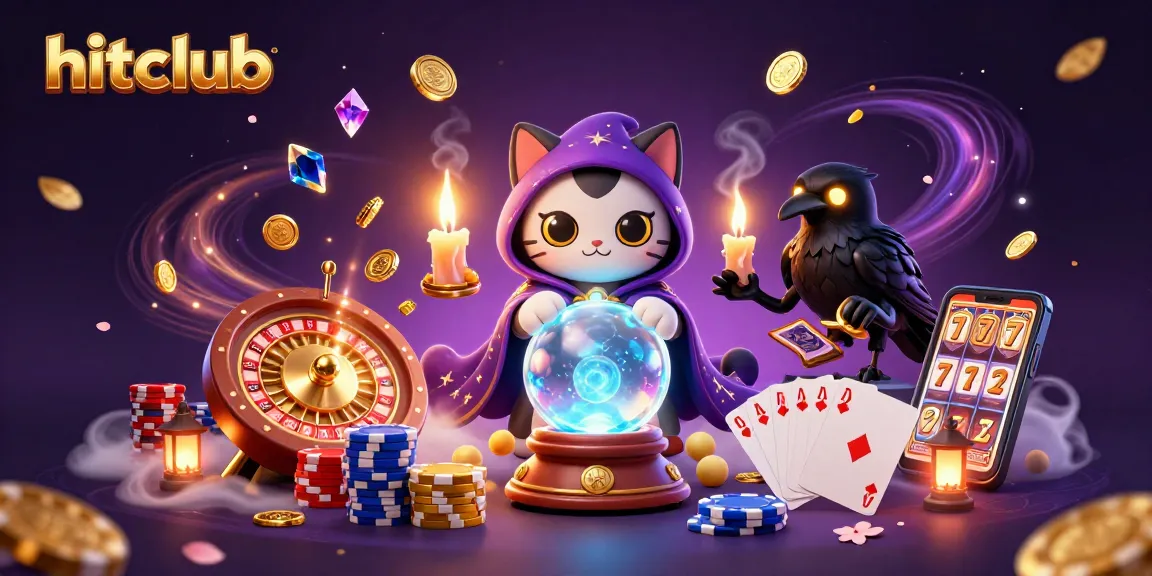 Experience hitclub's thrilling atmosphere with a mystic cat and raven amidst vibrant casino elements.