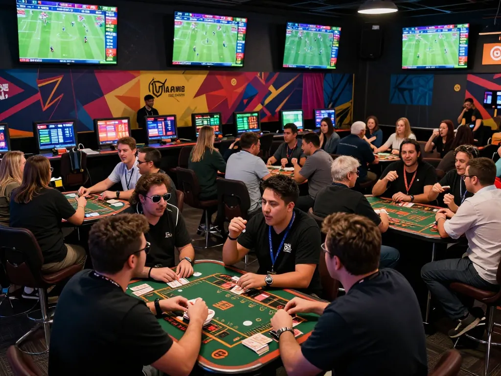 Engaging sports bettors strategizing at a lively Hitclub arena filled with screens and fans.
