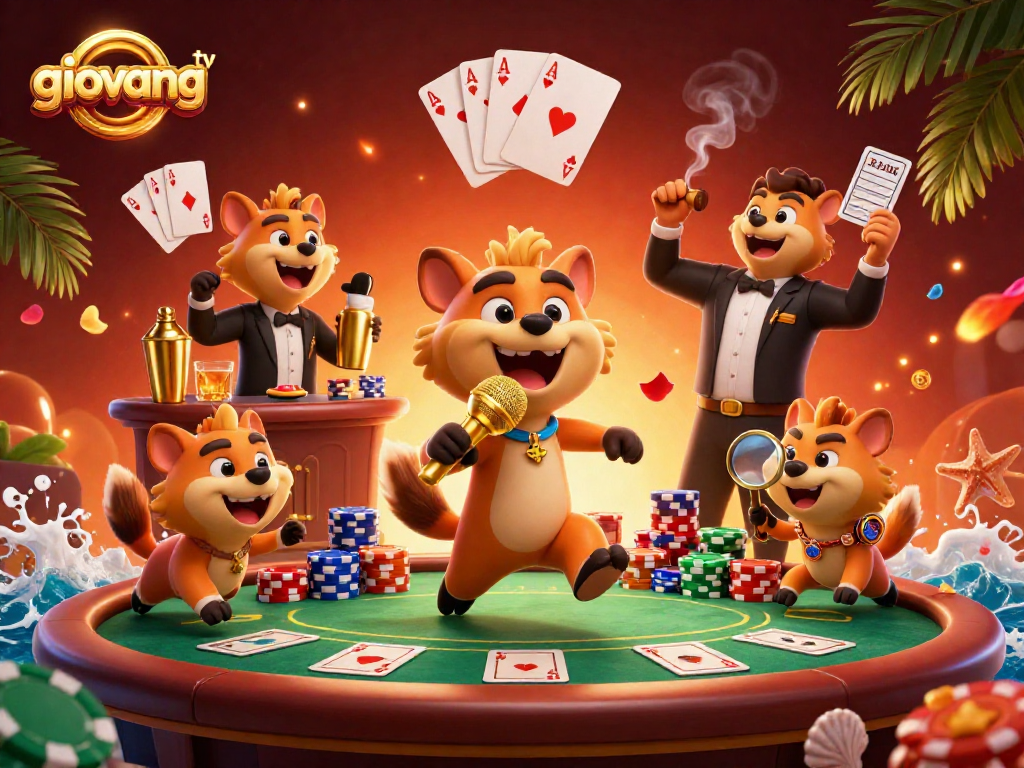 Watch thrilling actions at giovang tv with a lively hyena casino scene full of poker excitement.