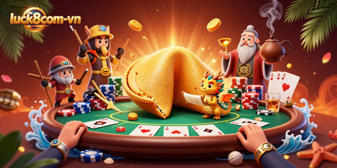 Engage with luck8com-vn's vibrant casino scene, featuring characters among poker chips and golden elements.