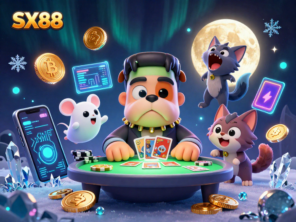 SX88 transforms gaming with a lively illustration of a bulldog dealer, ghost mouse, and werewolf kitten at a card table.