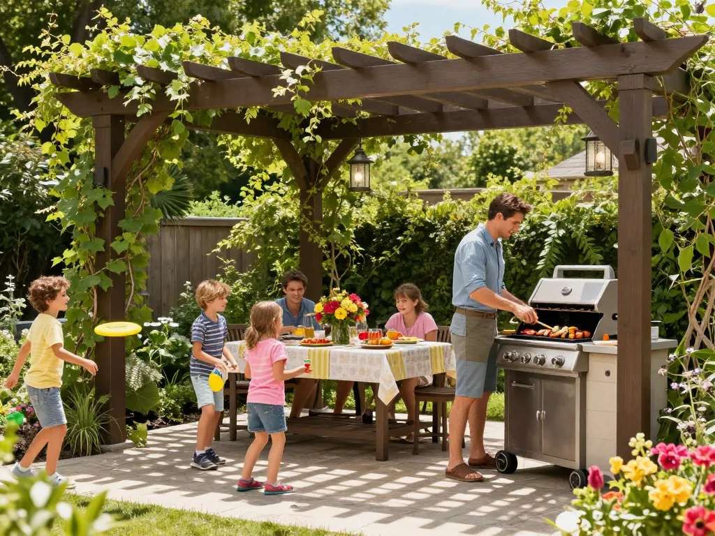 A family enjoying a sunny afternoon under a beautifully designed pergola configurator, with grilling and playful activities in a vibrant garden.