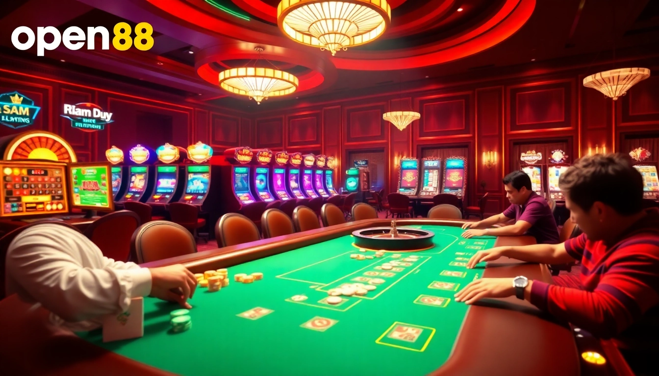 An exciting open88 casino scene featuring engaged players at a luxurious poker table, illuminated by vibrant slot machines and a spinning roulette wheel.