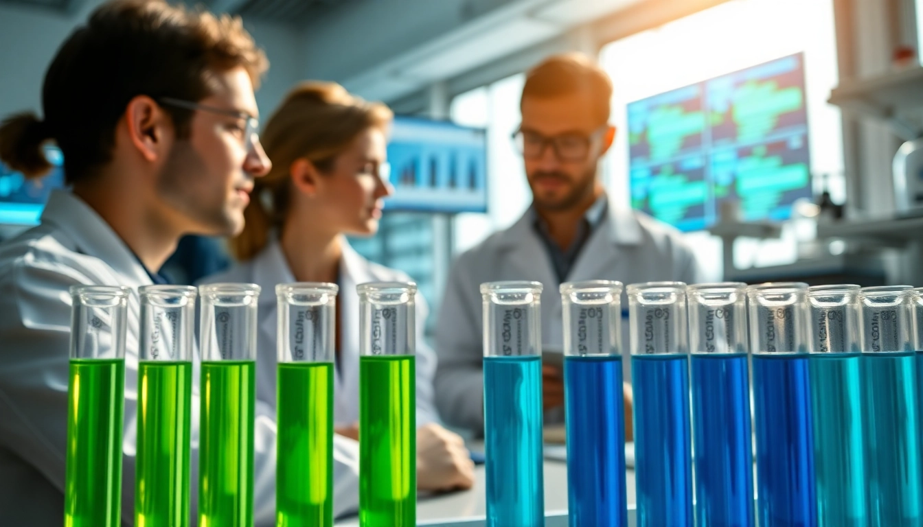 Researching peptides in a high-tech lab with vibrant solutions and focused scientists.