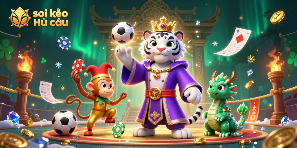 Soi kèo nhà cái scene highlighting sports bets with a tiger in robes, monkey juggling chips, and vibrant casino elements.