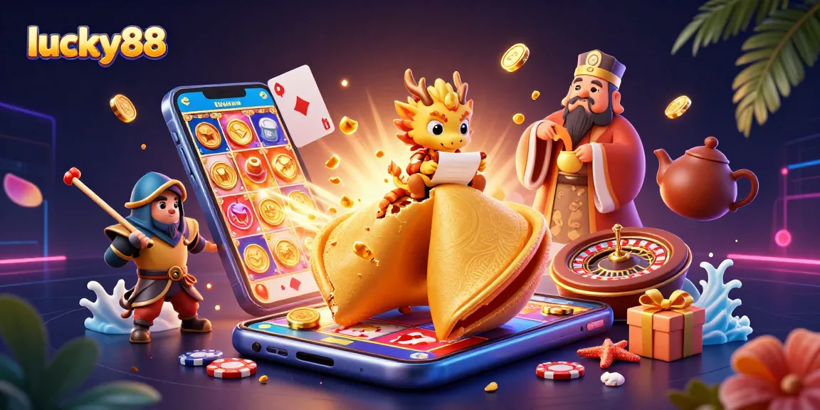 Spin the lucky88 slot reels surrounded by golden fortune cookie characters and gaming elements