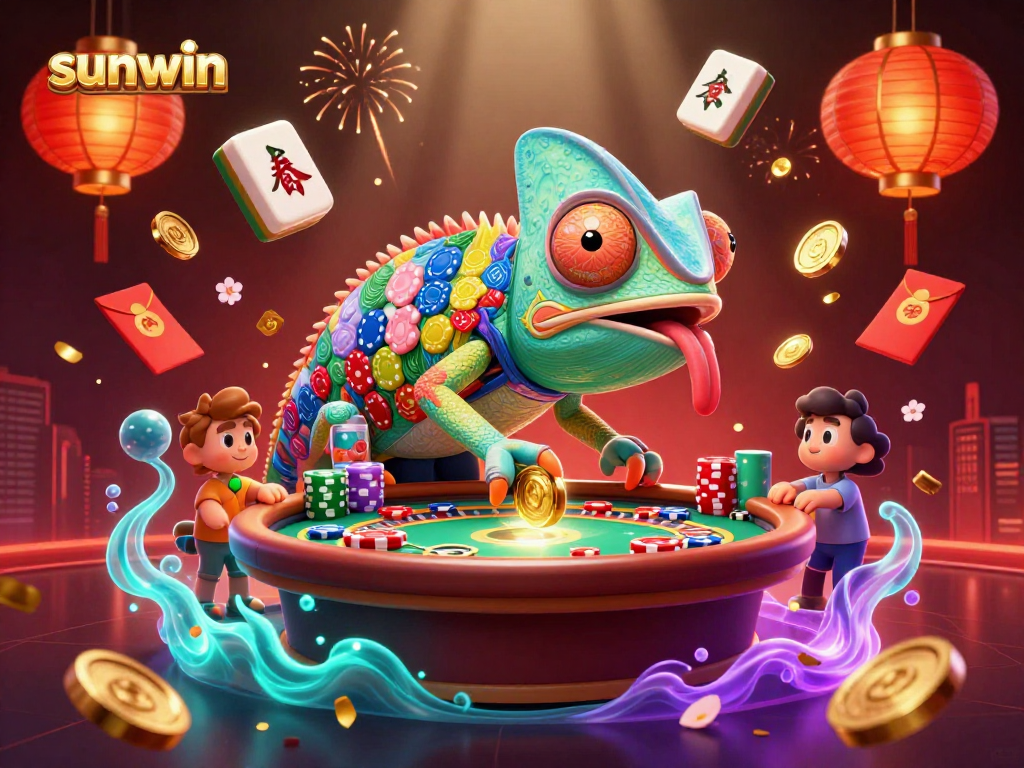 Experience thrilling wins at sunwin with a vibrant casino scene featuring a chameleon owner snatching golden coins.