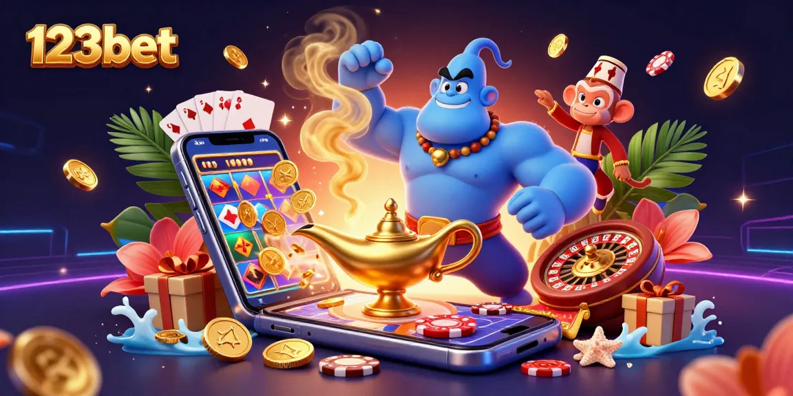 Experience thrilling wins at 123bet with a vibrant casino scene featuring a genie and magical games.