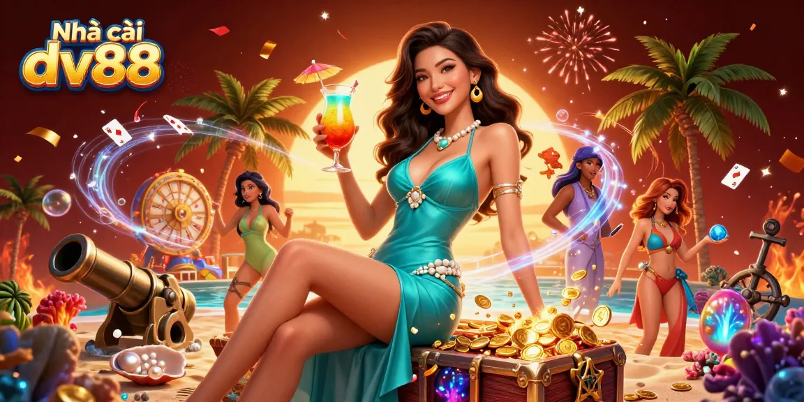 Engage in exciting games with Nhà cái dv88, featuring a stunning tropical casino scene.