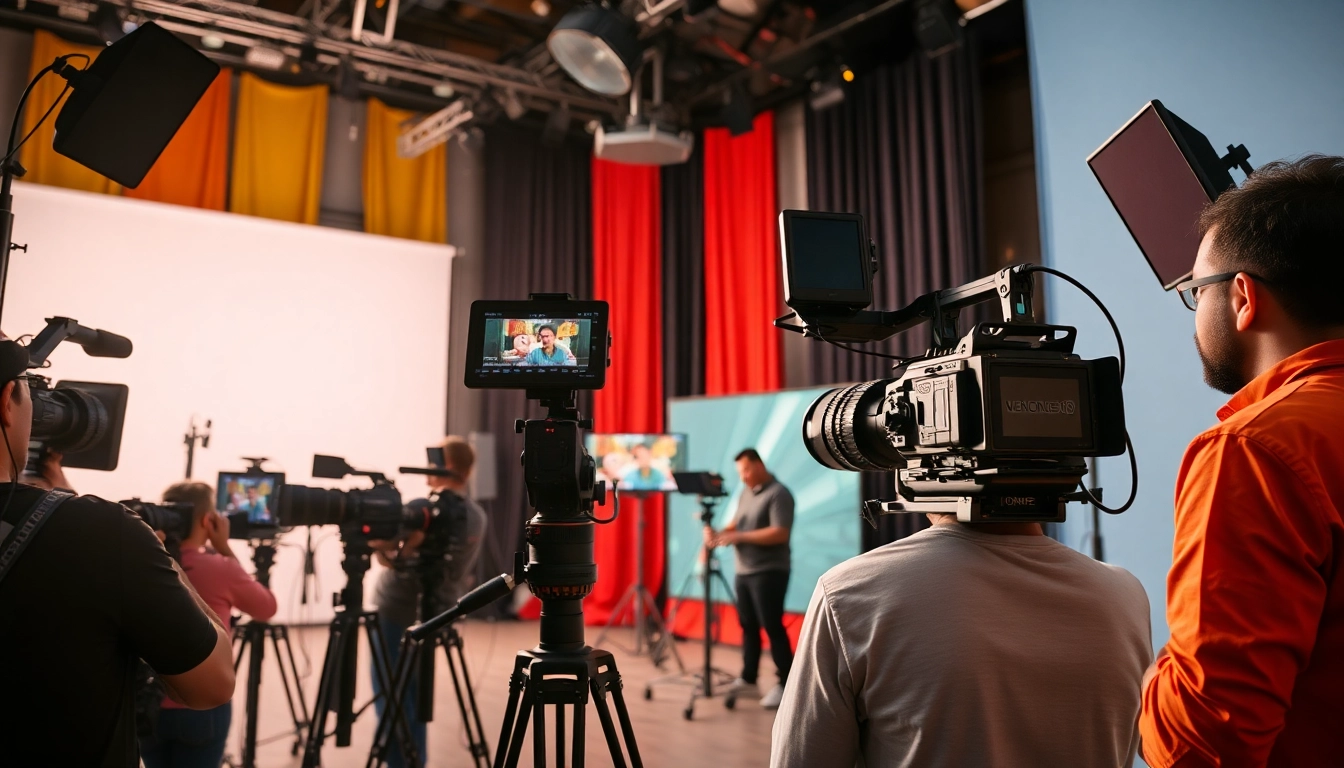 Capturing dynamic moments in video production with a professional crew in a vibrant studio.