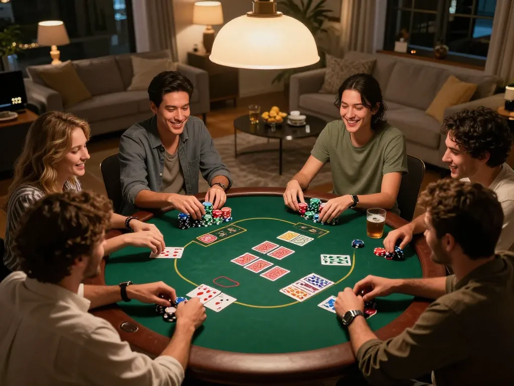 Friends enjoying a lively poker night with vibrant chips and cards at BET168 gaming.