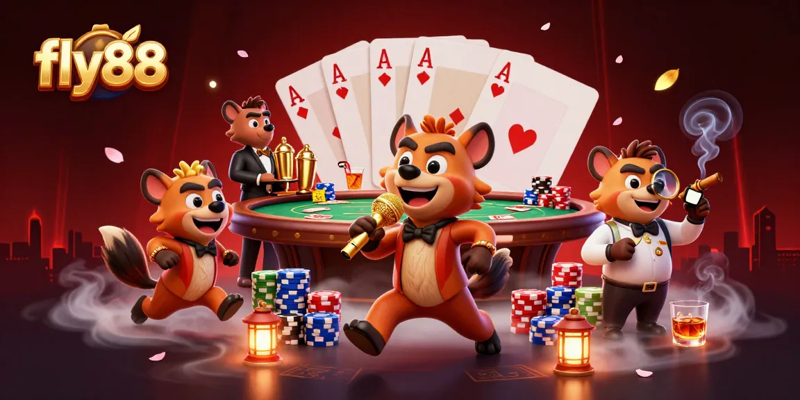 Join the fun at fly88's casino with enthusiastic hyenas and vibrant games!