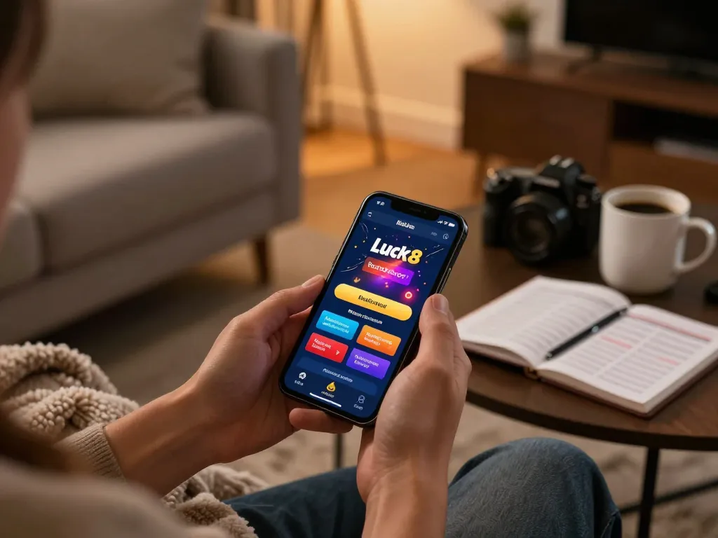 Player exploring Luck8 mobile app for casino gaming in a cozy home setting, highlighting responsible gambling.