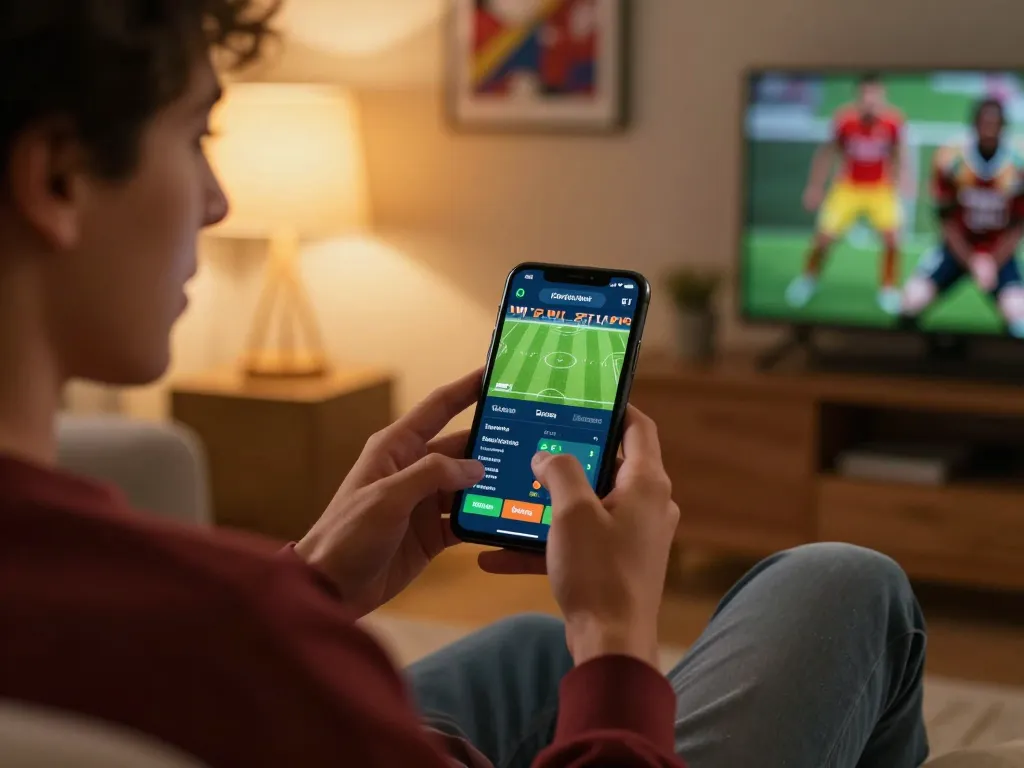 Cakhia TV user actively engaging with live sports betting on a mobile app in a cozy living room.