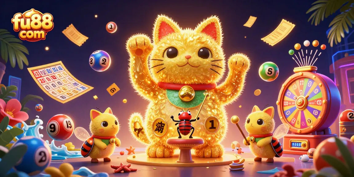 Engage with exciting games at fu88 com, featuring a giant lucky cat, colorful lottery balls, and casino symbols in a vibrant scene.
