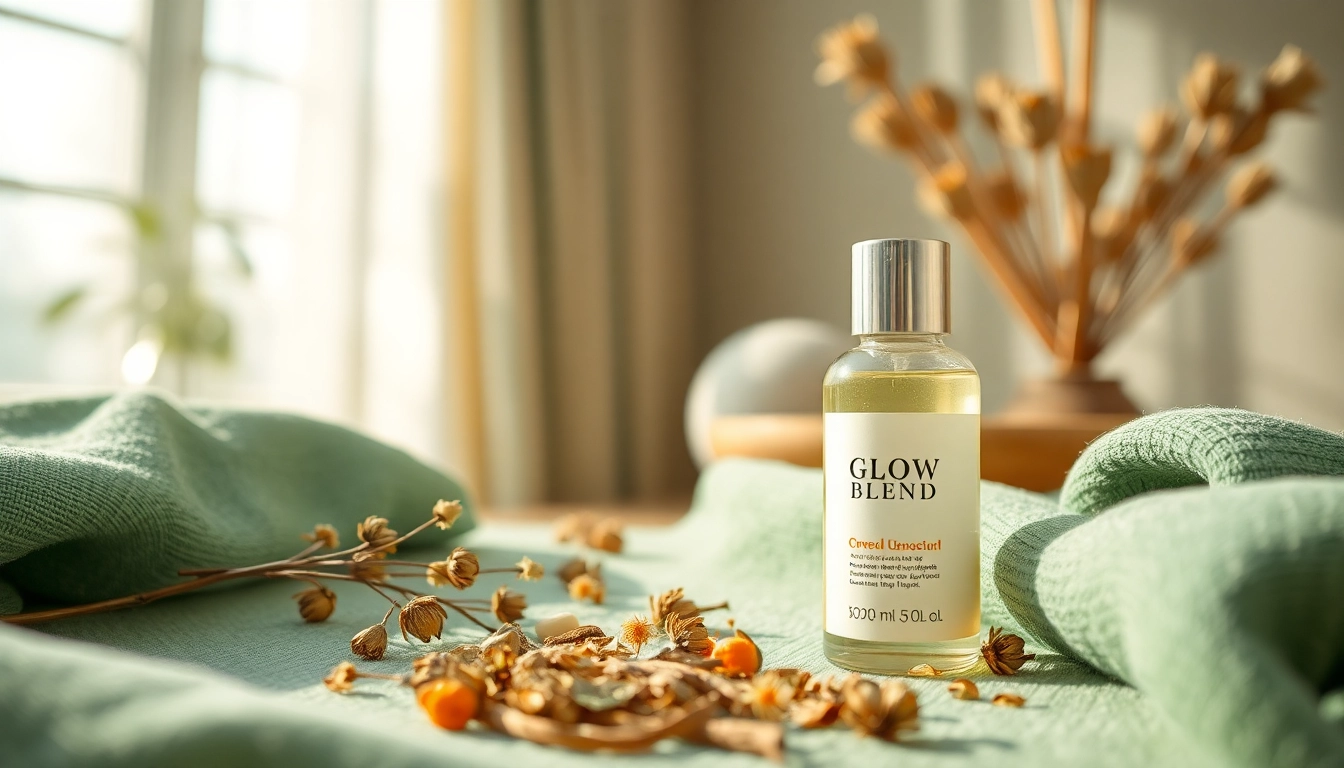 Applying Glow Blend serum in an elegant spa setting with herbs and calming colors.