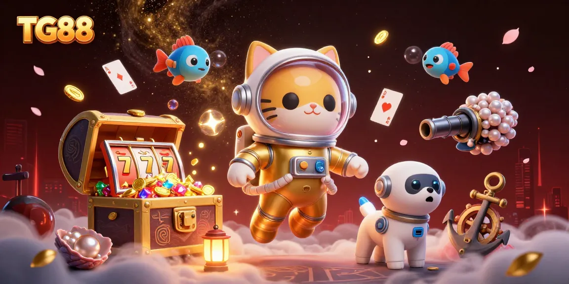 Experience the vibrant excitement of TG88 with dynamic casino elements and characters in this vivid cosmic scene.