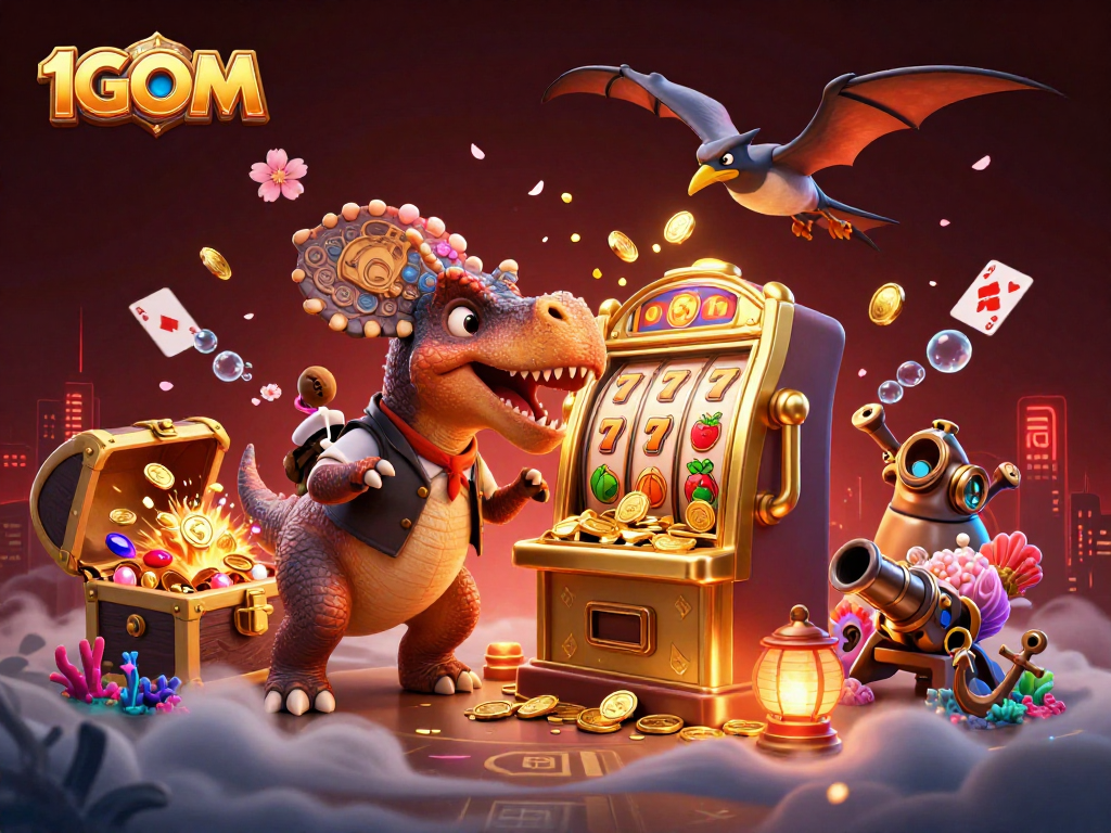1GOM promotes jackpot excitement with a pachycephalosaurus celebrating wins in a colorful casino.