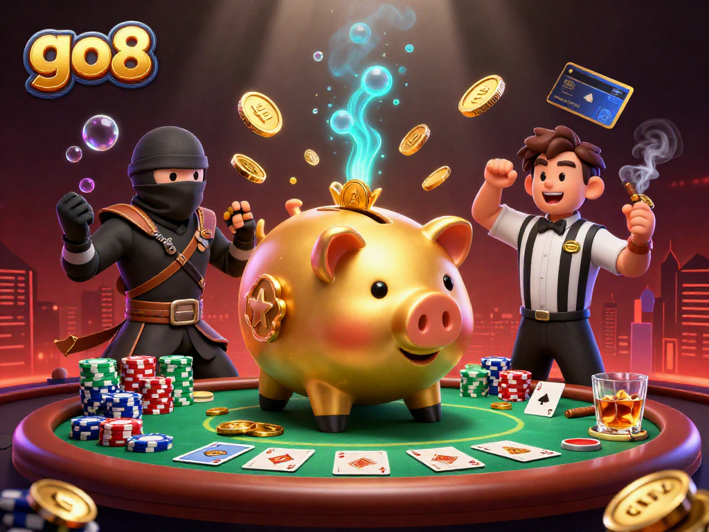 Experience winning at go8 with an epic showdown between a golden piggy bank sumo wrestler and ninja.