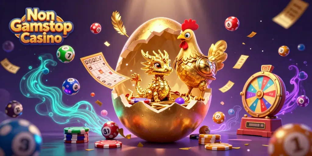 Engage with the Non Gamstop Casino scene featuring a golden dragon amidst vibrant gaming elements.