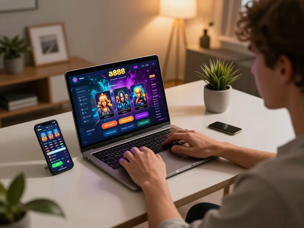 Engaging gameplay on the aa888 platform with a player actively using a laptop and smartphone to maximize their gambling experience.