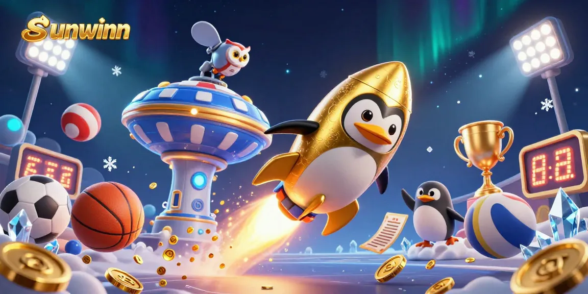 Experience thrilling gameplay at sunwinn with our dynamic 3D representation of a rocket-powered penguin and casino station.