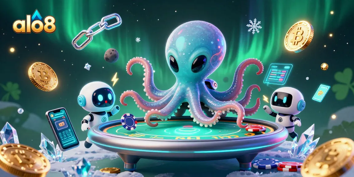 Engage in thrilling gameplay at ALO8 with the 3D cartoon alien octopus at a holographic poker table.