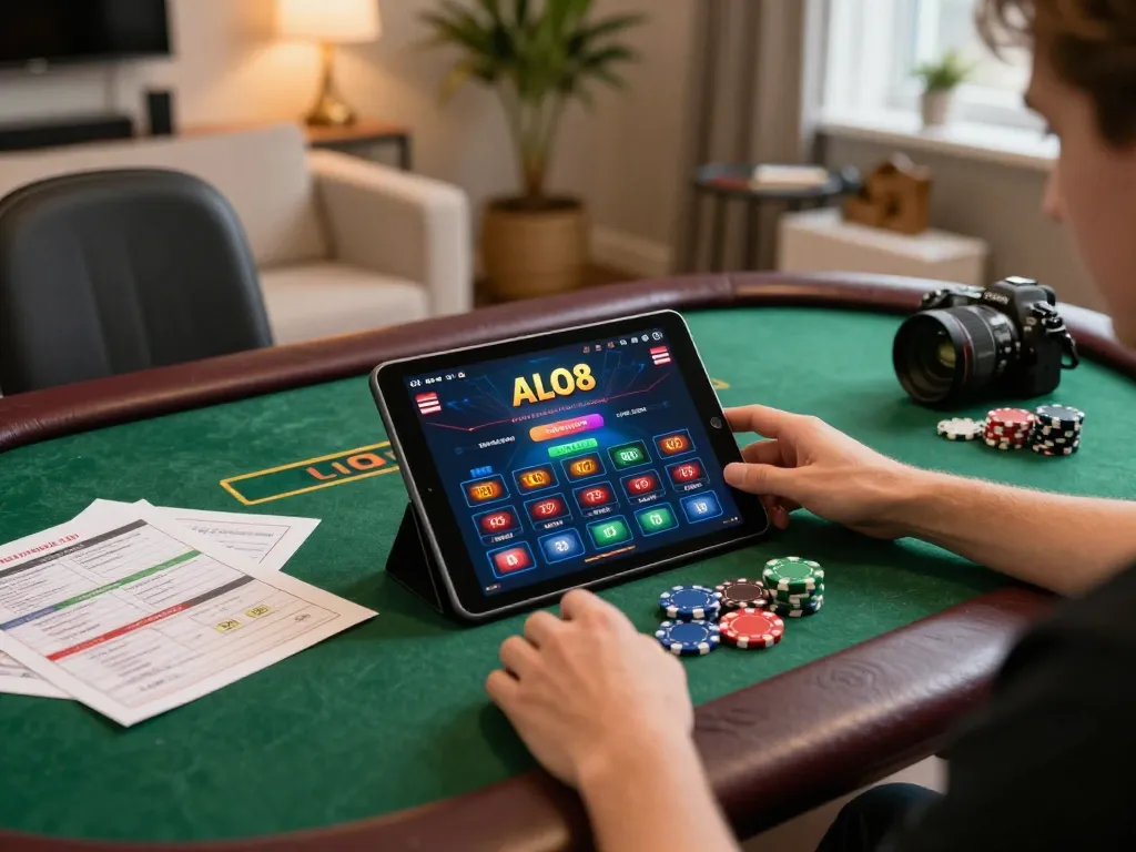Player engaged in strategic online gaming with ALO8 platform, showcasing home comfort and responsibility.