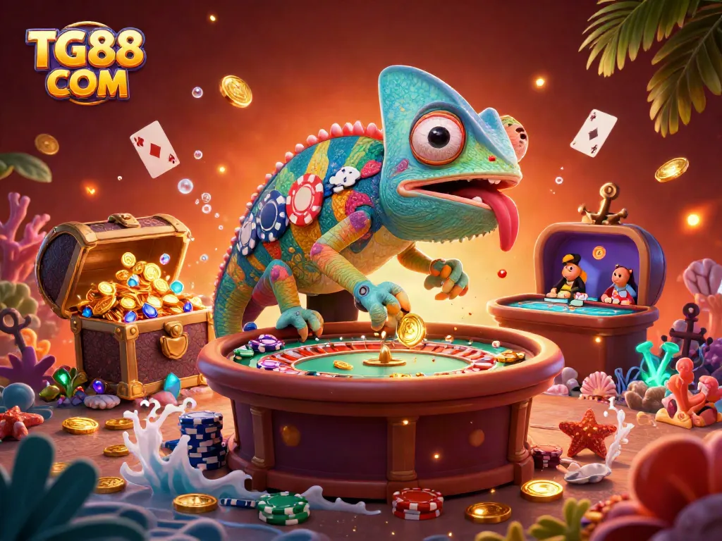 Experience thrilling gameplay with TG88 COM’s vibrant casino scene featuring a chameleon and dynamic elements.