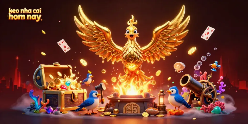 Experience the excitement of keo nha cai hom nay with a golden phoenix emerging from molten metal, surrounded by treasure and gaming elements.