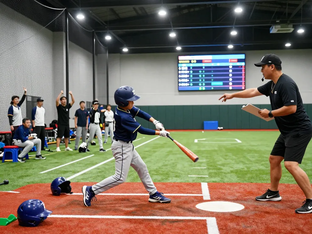 Hitclub baseball training scene featuring young athlete practicing their swing in a vibrant facility