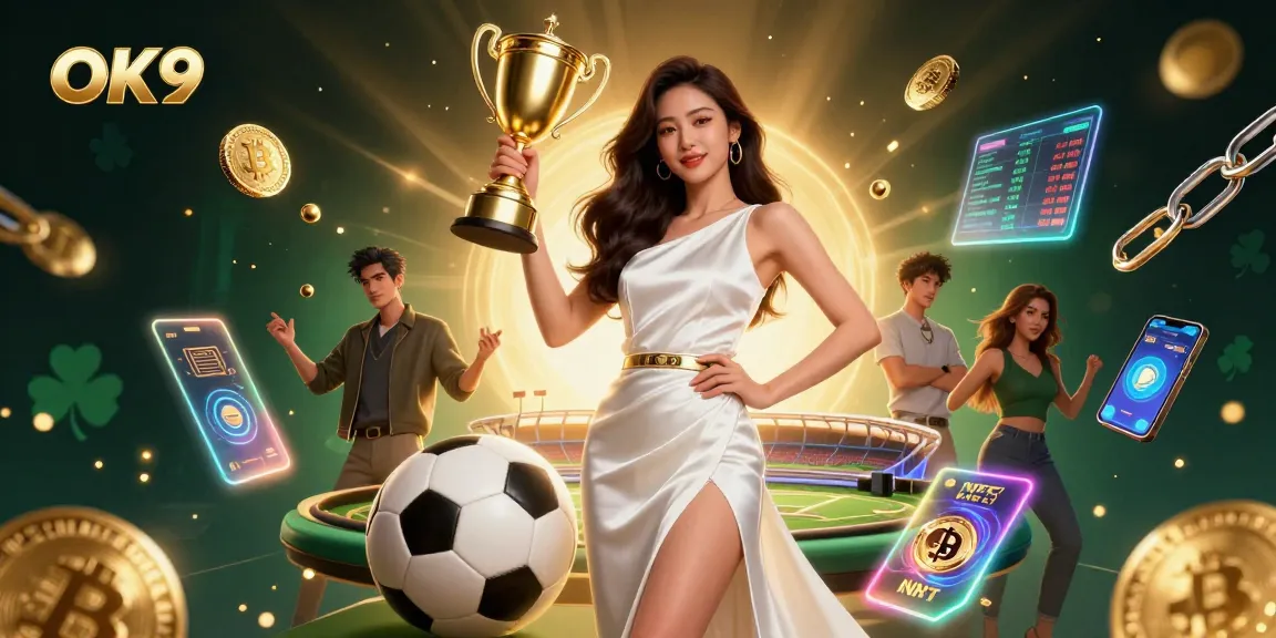 Experience excitement with OK9 as a confident Asian woman celebrates her wins in a vibrant casino scene.