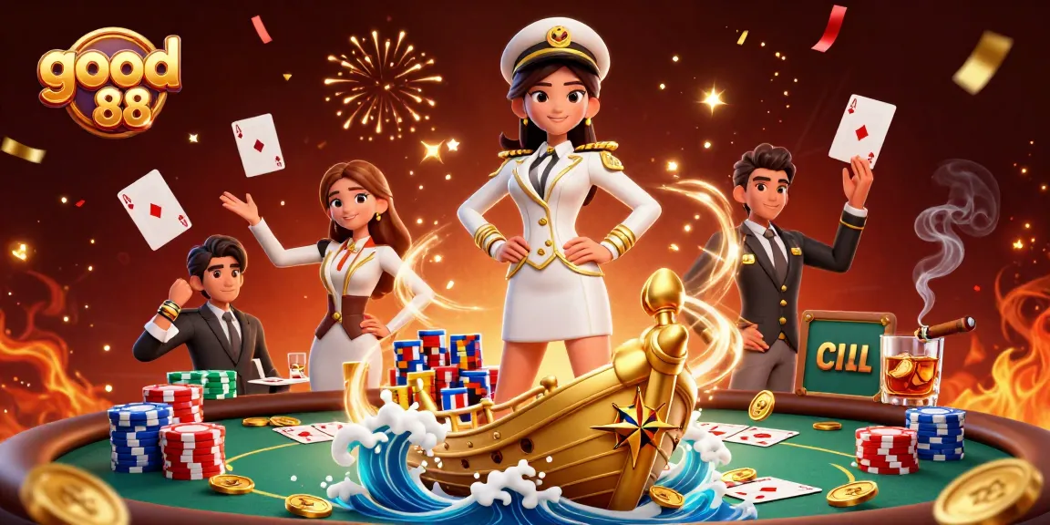Experience the thrill of good 88 gaming with vibrant casino elements and a commanding figure.