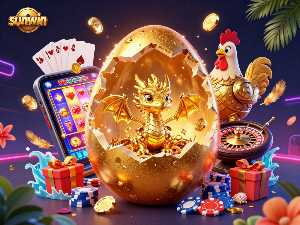 Win big with sunwin's spectacular golden dragon and poker chips in vibrant casino scene